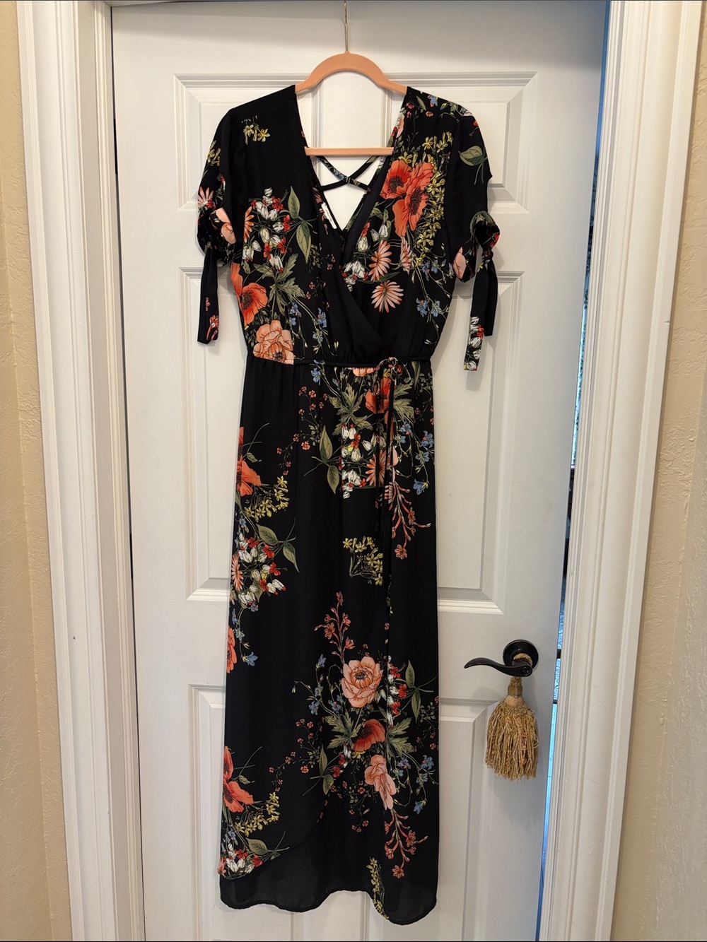 Maurices Black Floral Maxi Dress with Orange and Green Accents - medium